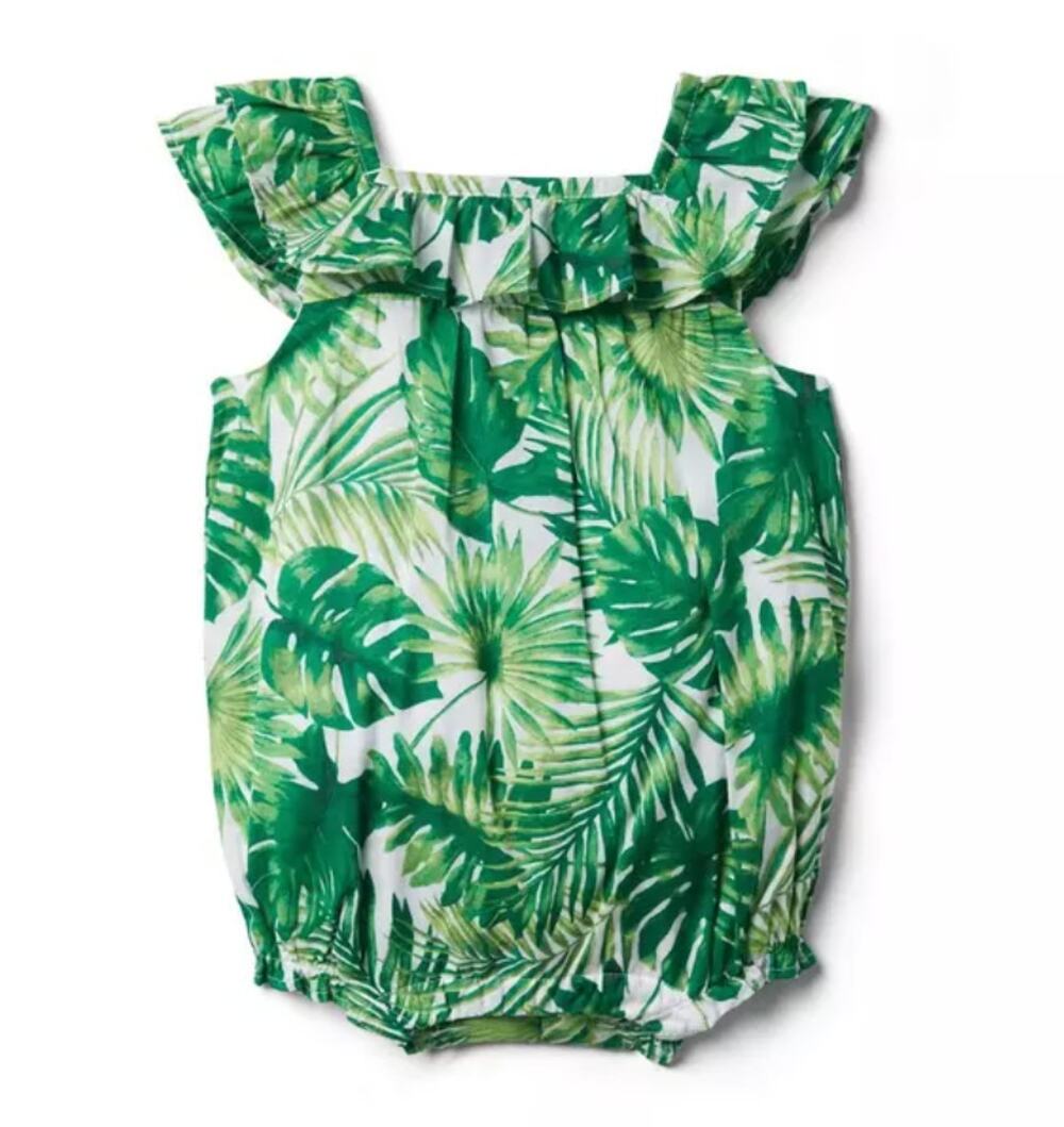 Janie and Jack White Green 6-12 M Bodysuit Cotton Ruffle Neck Tropical Print NEW